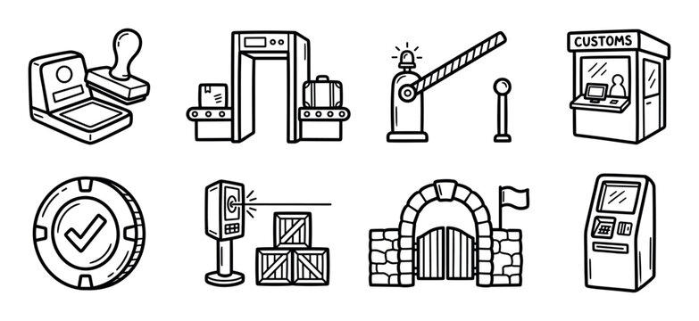 Set of hand-drawn customs and border control icons including a security scanner, passport stamp, checkpoint gate, and inspection equipment in a simple black and white line art style