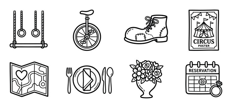 Diverse set of eight hand-drawn icons in a simple black and white line art style showing circus, travel, dining, and wedding themes for various concepts