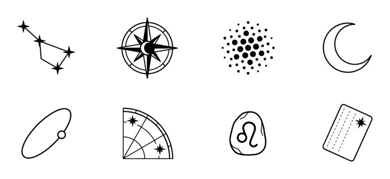 Collection of minimalist black outline icons representing astrology, divination, and astronomy, including a crescent moon, compass rose, constellation, and zodiac symbol