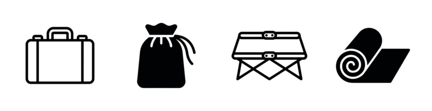 Set of four black travel and camping icons including a suitcase, drawstring bag, folding stool, and rolled mat in a minimalist vector graphic style for tourism and outdoor concepts