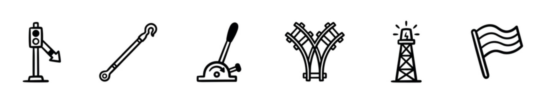 Set of six black railway icons in a simple hand-drawn doodle style, including a semaphore signal, shunter's pole, track switch, railroad turnout, beacon tower, and a waving flag