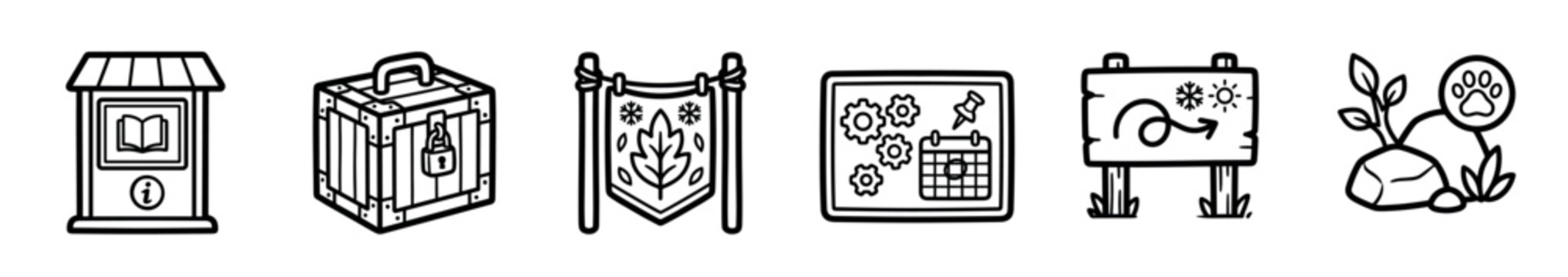 Set of six hand-drawn black outline icons representing adventure and gaming concepts like quests, loot crates, seasonal flags, strategy planning, and nature tracking