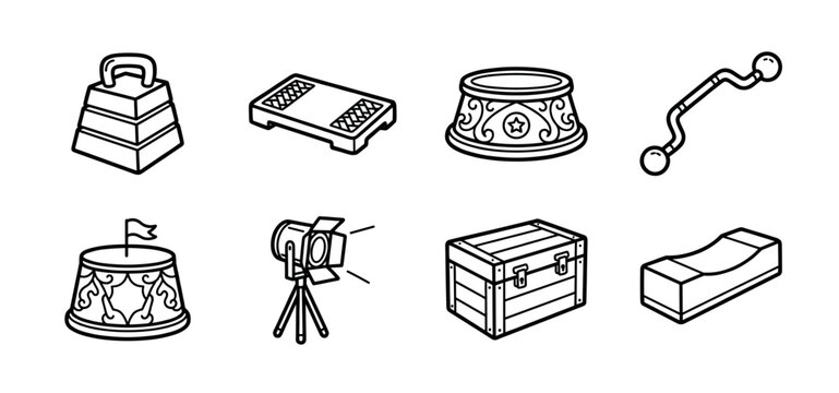 Collection of eight monochrome circus equipment icons including a strongman weight, performance podium, barbell, and stage light drawn in a simple, bold outline graphic style