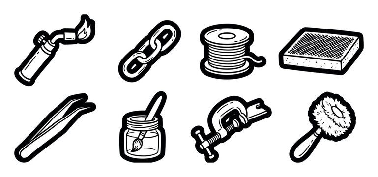 Set of black and white workshop tool icons in a bold graphic style featuring a blowtorch, chain, wire spool, sponge, tweezers, paintbrush, clamp, and brush for various craft projects