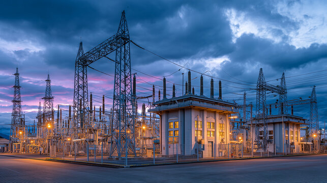 Electrical Substation Power Grid Infrastructure High Voltage Equipment Energy Distribution Twilight Industrial Site Landscape substation, power, grid, infrastructure, high, voltage