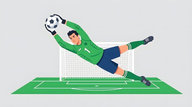 Goalkeeper Catching the Ball: A dynamic illustration depicts a male soccer goalkeeper in mid-air, hands outstretched to catch the ball, with the goal net visible in the background.