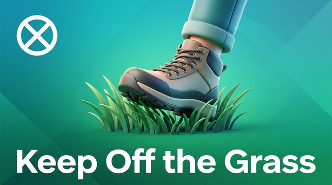 Hiking boot stepping on grass with "Keep Off the Grass" sign  