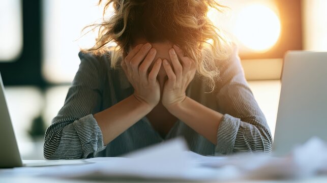 Stressed businesswoman suffering from job burnout holding head in hands at office desk