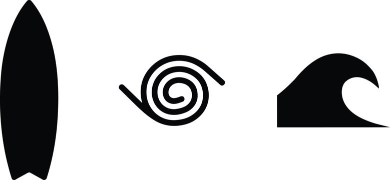 Surfboard and ocean wave black icons representing surfing culture, active water sports, beach vacations, and tropical summer recreation and icon