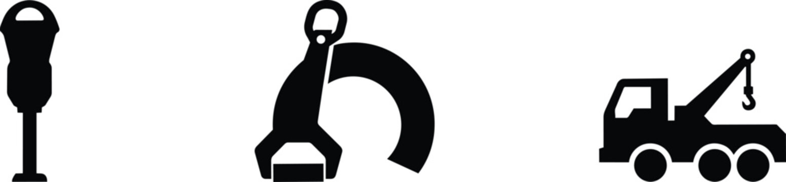 Towing and parking enforcement icons set featuring a meter, a heavy-duty wheel clamp, and a recovery tow truck with a crane hook and illegal ticket