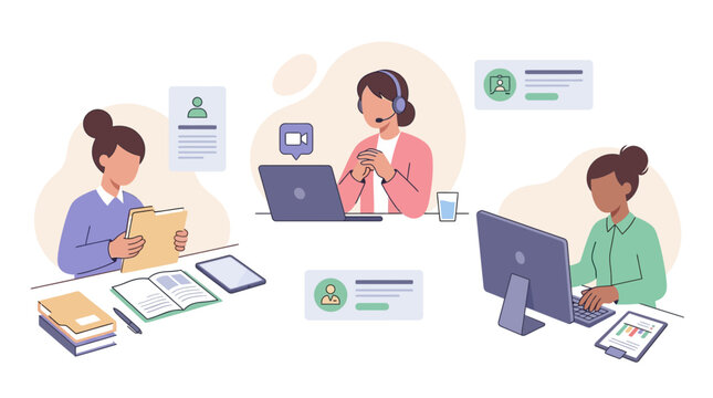 Diverse team collaborating remotely with laptops and video calls for business support