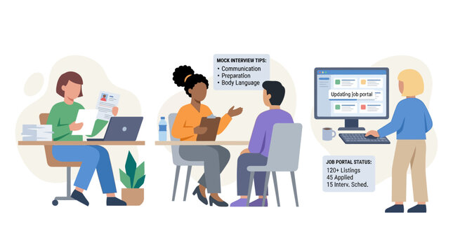 Job Interview and Career Development Scene: Interview, Resume, Computer, Job Search