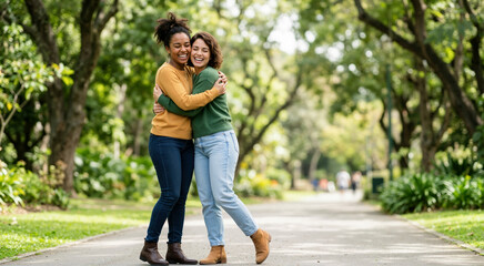 Obraz premium Two diverse young women hugging and laughing outdoors in a park. Happy multiracial friends embracing. International Friendship Day concept