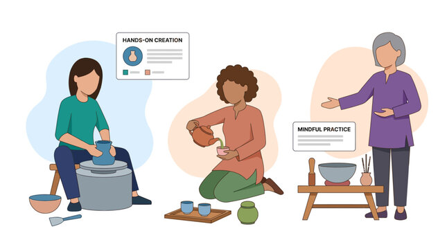 Diverse people engaged in creative and mindful hobbies: pottery, tea ceremony, and meditation.