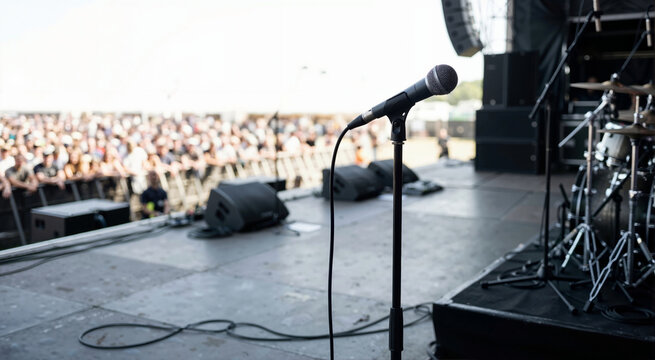 Microphone on a stand on an outdoor concert stage facing a blurred crowd. Live music festival and summer entertainment concept