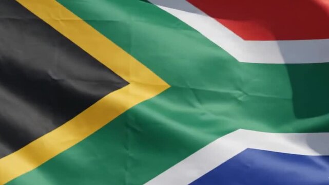 Closeup of the south african national flag waving against a clear blue sky