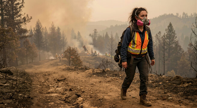 Woman wearing a respirator mask walking through thick smoke during a forest wildfire. Person with safety gear in a hazardous environment with burning trees
