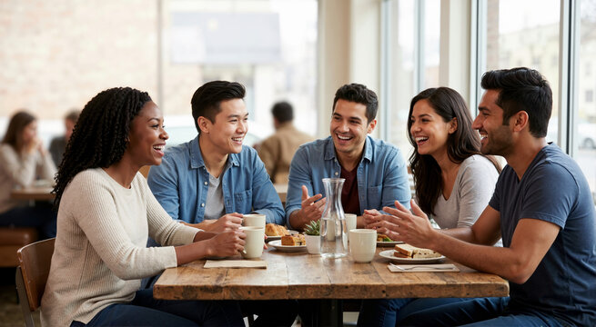 Diverse group of friends smiling and talking over coffee at a cafe table. Happy young adults enjoying breakfast and conversation together. International Friendship Day