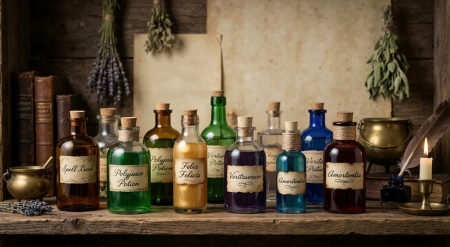 Collection of colorful magic potion bottles with vintage labels on a wooden shelf. Fantasy apothecary setup with herbs and cauldron