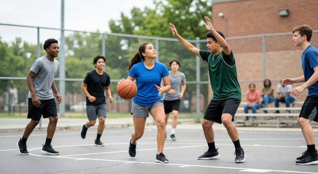 Diverse teenagers playing basketball on an outdoor court. Young woman dribbling ball while defended by a boy during a game. International Youth Day concept