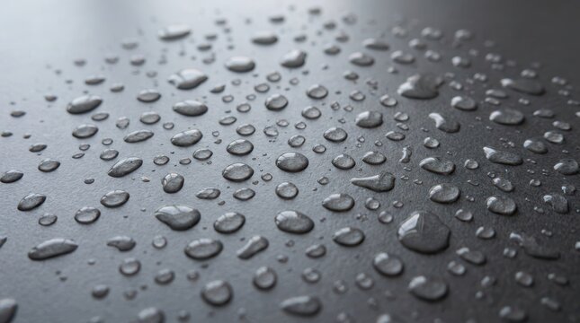 Clear water drops on a dark gray surface