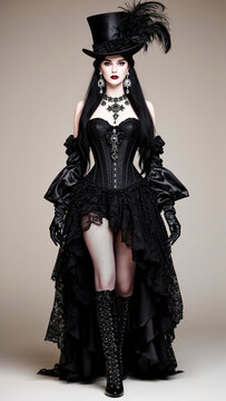 mujer, moda, beldad, falda, modelaje, glamour, negro, cabello, antique, g&oacute;tica, persona, corset, estilo, se&ntilde;ora, retro, elegancia, moreno, halloween, disfraces, vampiro, gente, gorros, distinguida, go