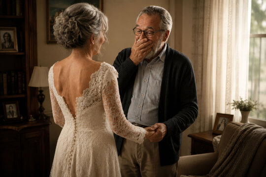 Emotional senior husband overwhelmed with surprise after seeing his wife wearing her original wedding dress again, enduring love, unforgettable marriage memories