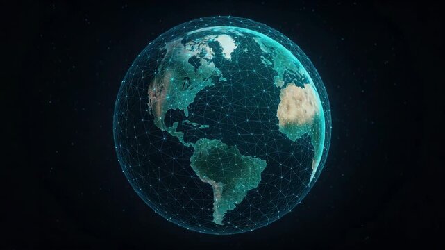 Futuristic digital Earth globe with glowing teal wireframe network over continents, representing global data connectivity and geospatial technology