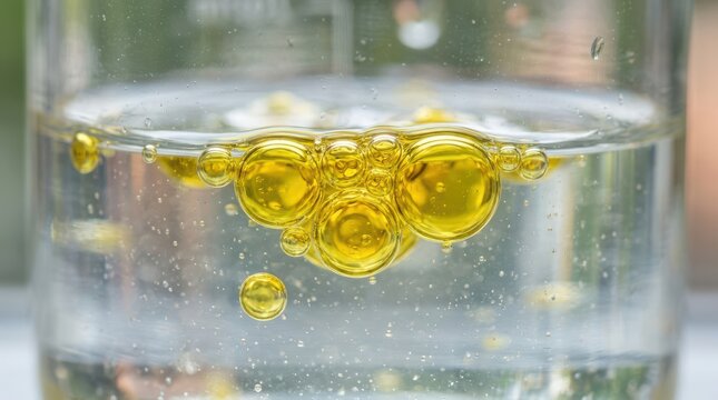 Golden oil drops floating in clear water