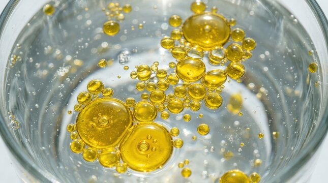 Golden oil drops floating in clear water
