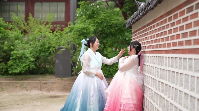 Two women in flowing hanbok stand near a brick wall. One gestures playfully, the other smiles gently. Greenery frames the scene with soft daylight. Perfect for cultural, festive, or romantic scenes