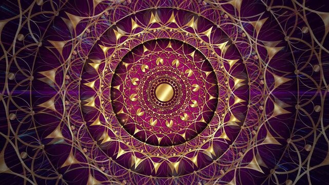 Animation of rangoli flowers Luxury mandalas with gold arabesque pattern Arabic or Indian style. Motion Graphics Video shiny golden Mandala Rotating. Black and purple Background, copy space for text