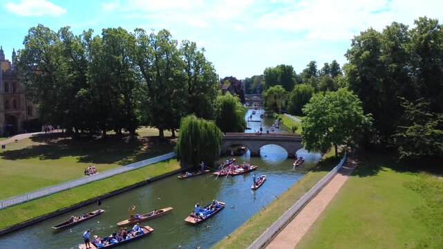 Trinity College Punts Under Bridge 4K Drone Footage