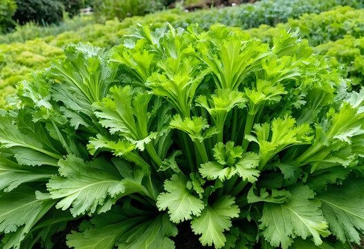 Fresh celery plants growing in garden soil