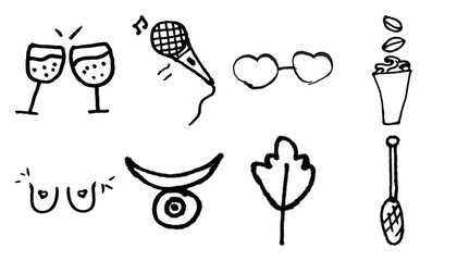 Hand drawn doodle icons set, black ink party and lifestyle sketches on white background, 8 minimalist line art illustrations © Mavric