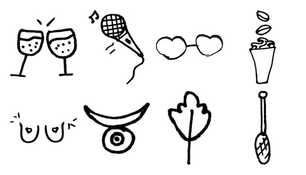 Hand drawn doodle icons set, black ink party and lifestyle sketches on white background, 8 minimalist line art illustrations