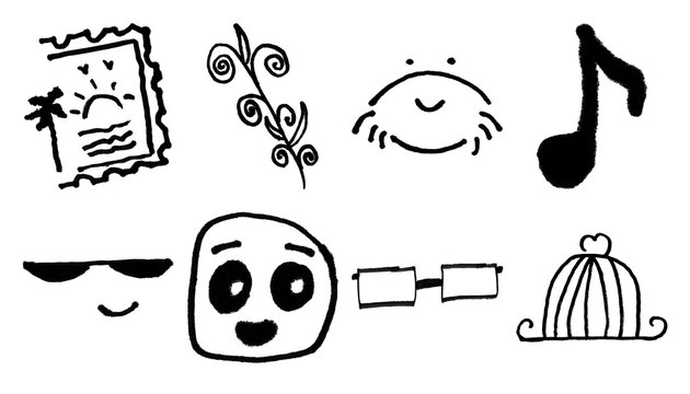 Hand drawn doodle icons set, black ink sketches of summer stamp and music note, cute cartoon faces and decorative elements on white background