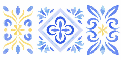 Blue and yellow floral ornament in a watercolor azulejo tile pattern © Partha