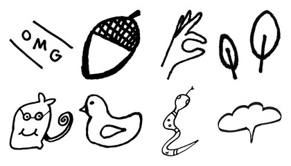 Hand-drawn black ink doodles set, collection of 8 minimalist sketch icons, whimsical line art illustrations of animals and nature elements © Mavric