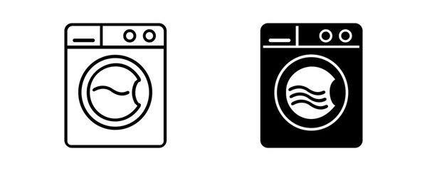Minimalist washing machine icons set, outline and filled style laundry appliance symbols, modern vector design for UI, signage, branding