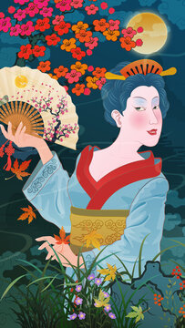 Traditional East Asian-style illustration, portrait of a Japanese geisha, suitable for building wall decor prints, high-resolution large-scale hanging art