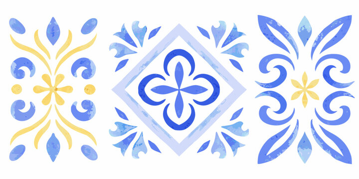 Blue and yellow floral ornament in a watercolor azulejo tile pattern