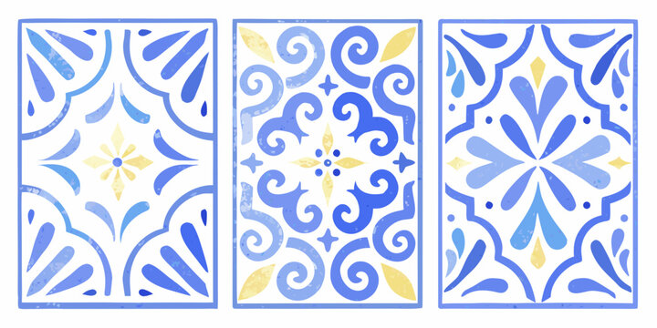 Blue And Yellow Watercolor Tile Set Repeating Ornamental Pattern Design