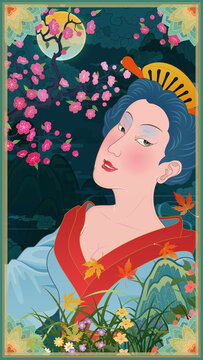 Traditional East Asian-style illustration, portrait of a Japanese geisha, suitable for building wall decor prints, high-resolution large-scale hanging art