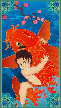 Traditional East Asian-style illustration, portrait of a Japanese kintaro, suitable for building wall decor prints, high-resolution large-scale hanging art