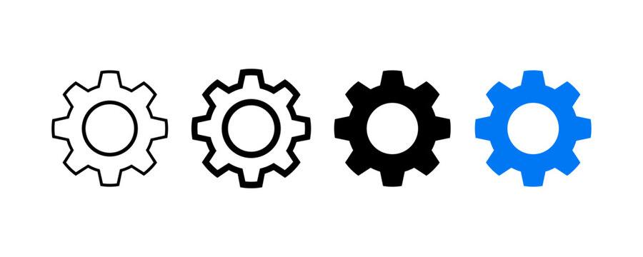 Minimalist gear icon progression design, black outline to filled blue transition, mechanical settings symbol, vector style evolution for UI graphics