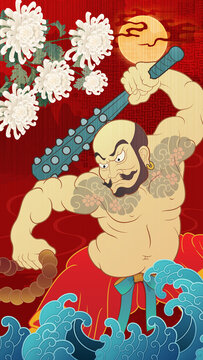 Traditional East Asian-style illustration, portrait of a Japanese Rochishin, suitable for building wall decor prints, high-resolution large-scale hanging art