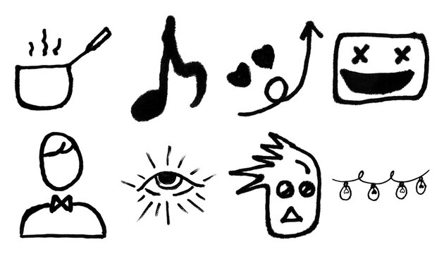 Hand-drawn black ink doodles set, collection of 8 minimalist marker sketches, creative aesthetic line art illustrations on white background
