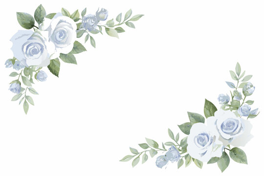 Watercolor blue rose corner arrangement with leaves and delicate floral borders