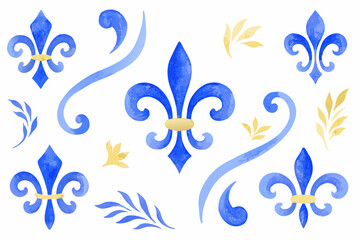 Watercolor floral ornament collection with fleur de lis and leafy sprigs on white background © Partha